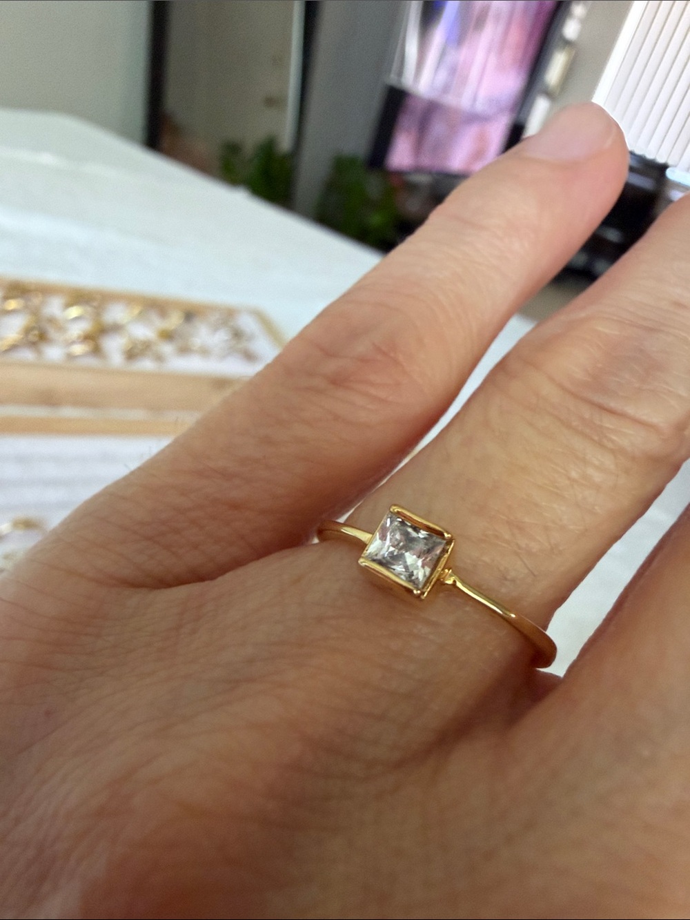 Gold Filled Solitaire Square-Cut Ring with Clear Stone - Women Jewelry